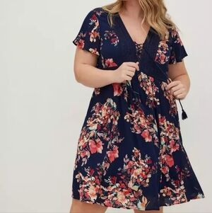 Torrid Navy and Pink Gauze Lace Up Floral Skater Dress